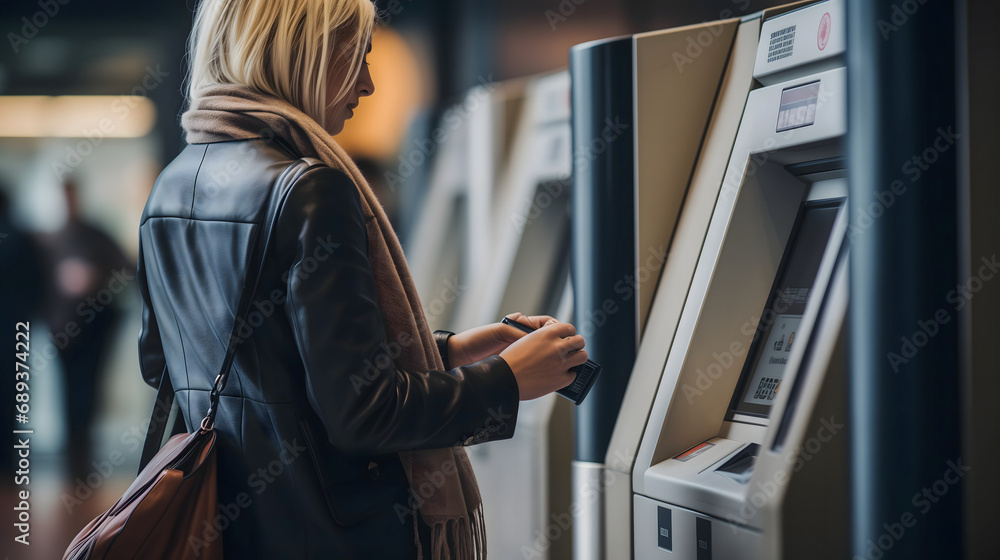 Une femme qui utilise un distributeur automatique de billets (DAB) dans un lieu public. - obrazy, fototapety, plakaty 