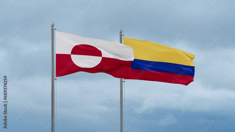 Colombia and Greenland flag waving together on cloudy sky, endless seamless loop, two country cooperation concept Colombia and Greenland flag waving together on cloudy sky, endless seamless loop, two country cooperation concept