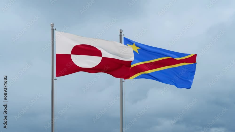 Democratic Republic of the Congo flag and Greenland flag waving together on cloudy sky, endless seamless loop, two country relations concept Democratic Republic of the Congo flag and Greenland flag waving together on cloudy sky, endless seamless loop, two country relations concept