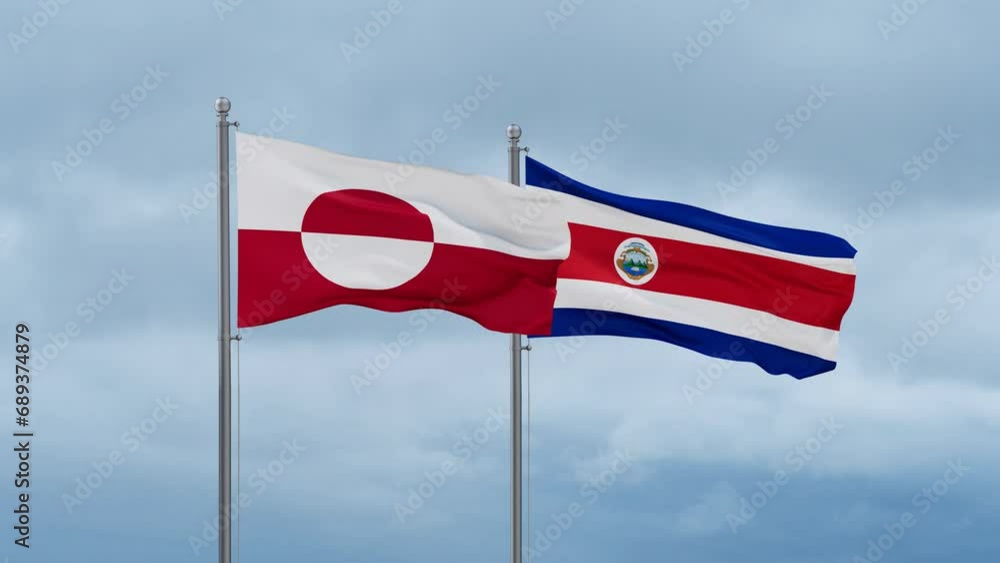 Costa Rico and Greenland flag waving together on cloudy sky, endless seamless loop, two country cooperation concept Costa Rico and Greenland flag waving together on cloudy sky, endless seamless loop, two country cooperation concept