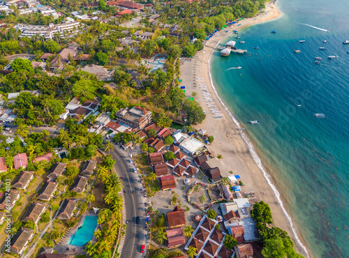 Aerial view of Senggigi resort coastline in Lombok Island, West Nusa Tenggara, Indonesia. Resort island in east from Bali island