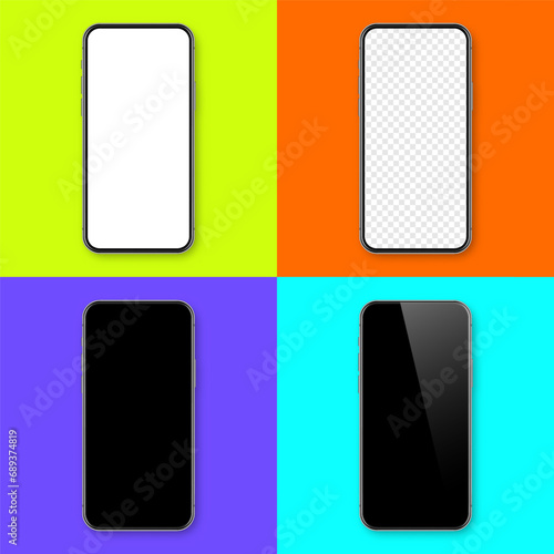 Realistic smartphone with blank touch screen on colorful background. Frameless mobile phone in front view. High quality detailed device mockup. Vector illustration