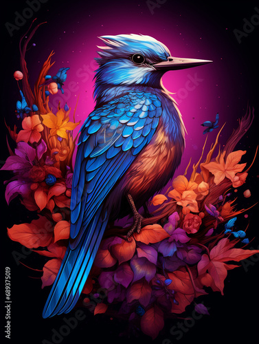 bird on blue and purple foliage, in the style of hyper-realistic animal illustrations created with Generative Ai