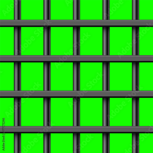 Black metal prison bars on green chroma key background. Detailed jail cage, prison iron fence. Criminal background mockup. Vector illustration