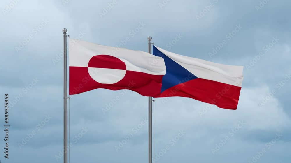 Czech Republic flag and Greenland flag waving together on cloudy sky, endless seamless loop, two country relations concept Czech Republic flag and Greenland flag waving together on cloudy sky, endless seamless loop, two country relations concept