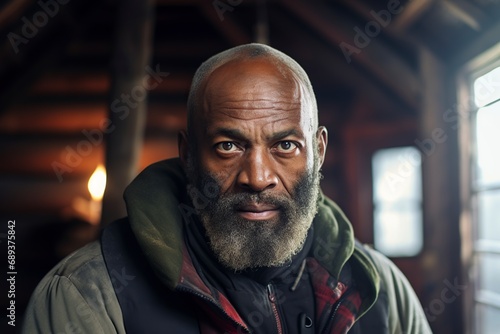 bald and bearded African-American man posing in front of the camera