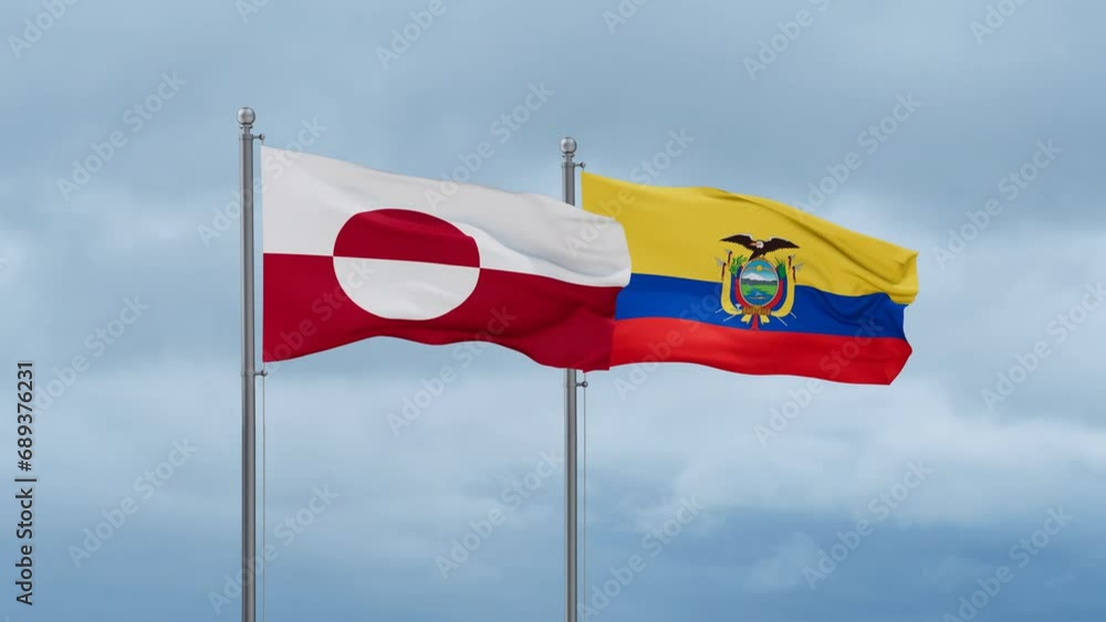 Ecuador flag and Greenland flag waving together on cloudy sky, endless seamless loop, two country relations concept Ecuador flag and Greenland flag waving together on cloudy sky, endless seamless loop, two country relations concept