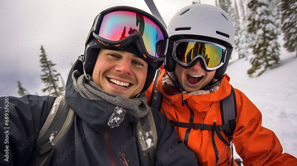 Two friends enjoying a ski trip, smiling in winter gear. Two friends enjoying a ski trip, smiling in winter gear.