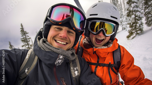 Two friends enjoying a ski trip, smiling in winter gear.