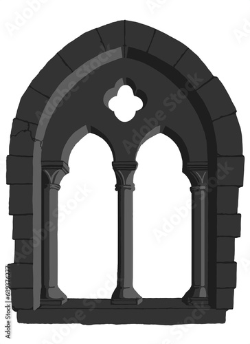 Gothic window plate tracery stylized drawing. Architectural stone engraving  european medieval cathedral church frame illustration