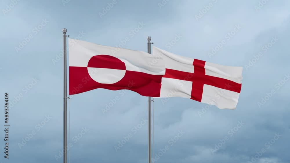 England flag and Greenland flag waving together on cloudy sky, endless seamless loop, two country relations concept England flag and Greenland flag waving together on cloudy sky, endless seamless loop, two country relations concept