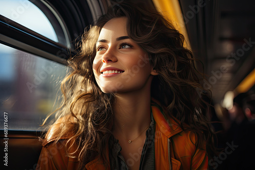 Young charming woman enjoys traveling in a retro public transport on an autumn sunny day