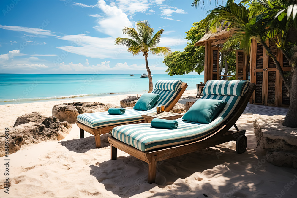 Tropical bliss, Stock photo capturing white sand, ocean, palm trees conjuring the essence of summer vacation in a serene and inviting paradise.