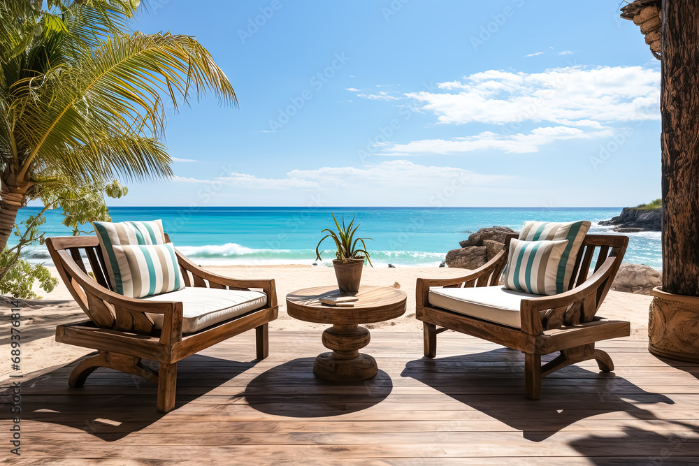 Tropical bliss, Stock photo capturing white sand, ocean, palm trees conjuring the essence of summer vacation in a serene and inviting paradise.