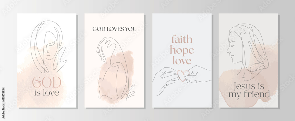 Religious inspirational card set or posters with biblical quotes and praying woman, Line Art Illustration. Blush pink