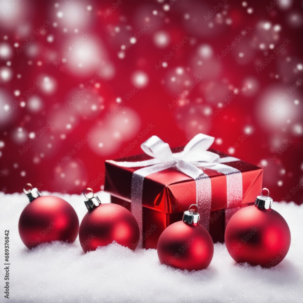 Christmas Gifts box on a snowy background, A bokeh background effect. Christmas Gifts box on a snowy background, A bokeh background effect.