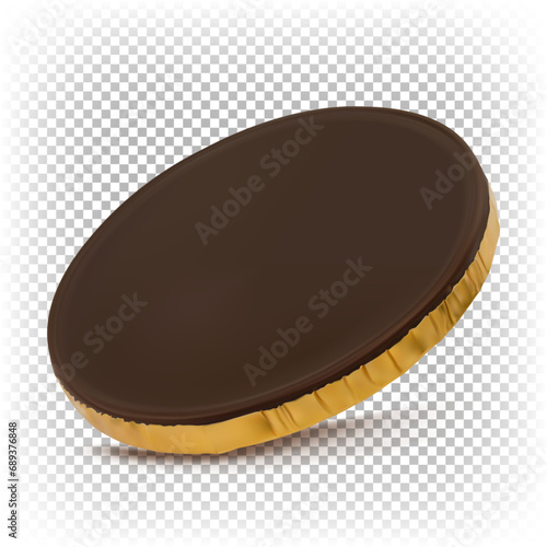One round chocolate coin in gold foil. Vector 3D realistic illustration isolated on transparent background.