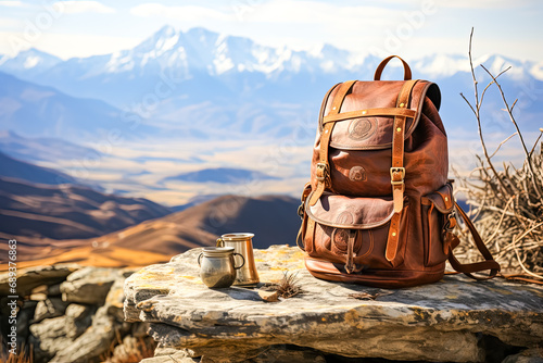 Trail essentials, Stock photo featuring a hiking backpack against a nature background a perfect image embodying the spirit of adventure and outdoor exploration.