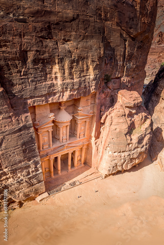 An elevated view of the Treasury in Petra, Jordan