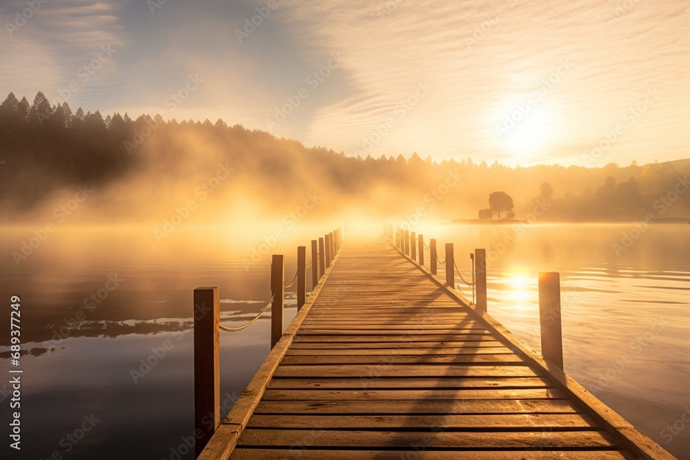 A misty morning on a lakeside pier, with the sun breaking through the fog and casting a warm, golden glow on the calm water and wooden boards
