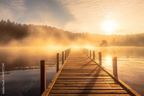 A misty morning on a lakeside pier, with the sun breaking through the fog and casting a warm, golden glow on the calm water and wooden boards