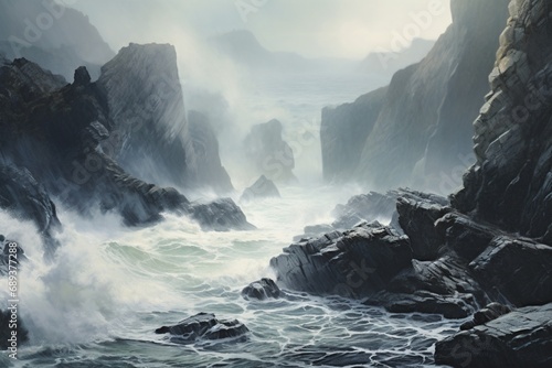 A misty coastal scene with waves crashing against rocky cliffs, the sea spray creating a dreamlike atmosphere
