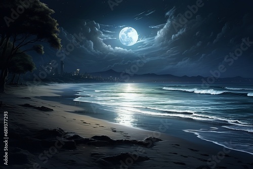 A moonlit beach at night, with the waves gently lapping against the shore, creating a serene and peaceful atmosphere