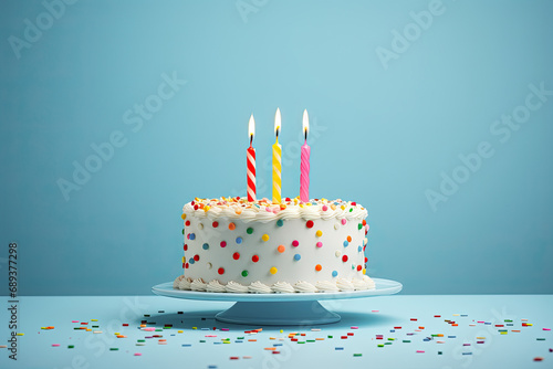 Tarta de cumpleaños de nata con virutas de chocolate de colores con tres velas encendidas, sobre plato y fondo azul claro. concepto cumpleaños y aniversarios photo