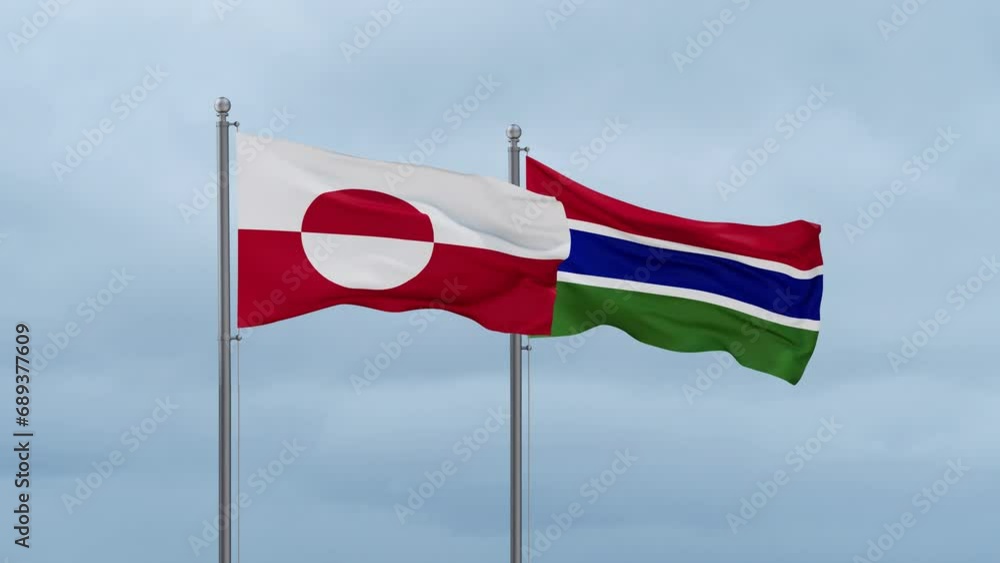 Gambia flag and Greenland flag waving together on cloudy sky, endless seamless loop, two country relations concept Gambia flag and Greenland flag waving together on cloudy sky, endless seamless loop, two country relations concept