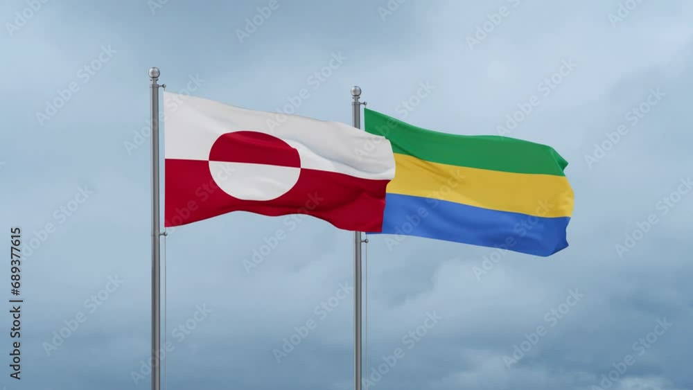 Gabon flag and Greenland flag waving together on cloudy sky, endless seamless loop, two country relations concept Gabon flag and Greenland flag waving together on cloudy sky, endless seamless loop, two country relations concept