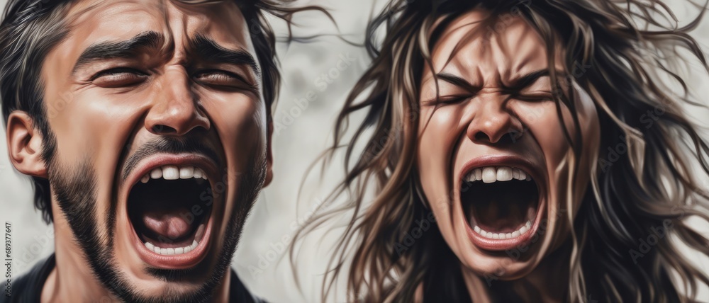 a man and a woman with myrtles wide open and eyes closed yelling at each other - obrazy, fototapety, plakaty 