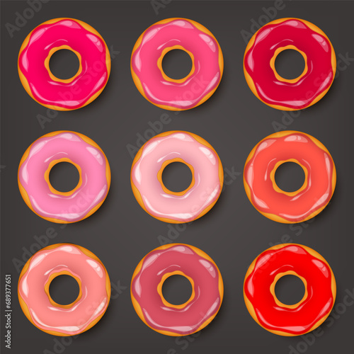 Donut, begel with cream. Cookies,cookie cake set. Sweet dessert with sugar and caramel. Tasty breakfast cooking. Cafateria food, snack. Coffee shop.Vector illustration.