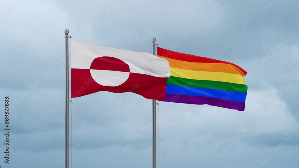 LGBT movement flag also Gay Pride and Greenland flag waving cycle looped video, tolerance conception in country LGBT movement flag also Gay Pride and Greenland flag waving cycle looped video, tolerance conception in country