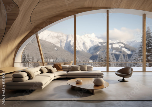 Modern living room or chalet in the mountains in winter with snow, beige, gray minimalist with sofa with fireplace