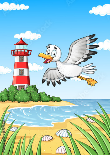 Niedliche Küstenlandschaft mit Leuchtturm und Möwe - Vektor-Illustration