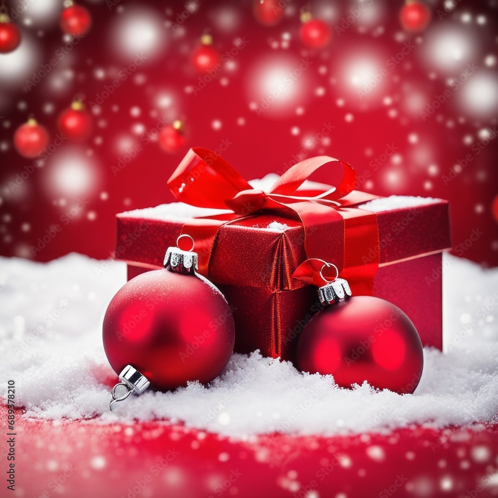 Christmas Gifts box on a snowy background, A bokeh background effect. Christmas Gifts box on a snowy background, A bokeh background effect.