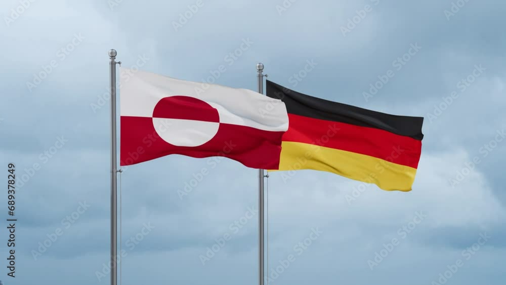 Germany flag and Greenland flag waving together on cloudy sky, endless seamless loop, two country relations concept Germany flag and Greenland flag waving together on cloudy sky, endless seamless loop, two country relations concept
