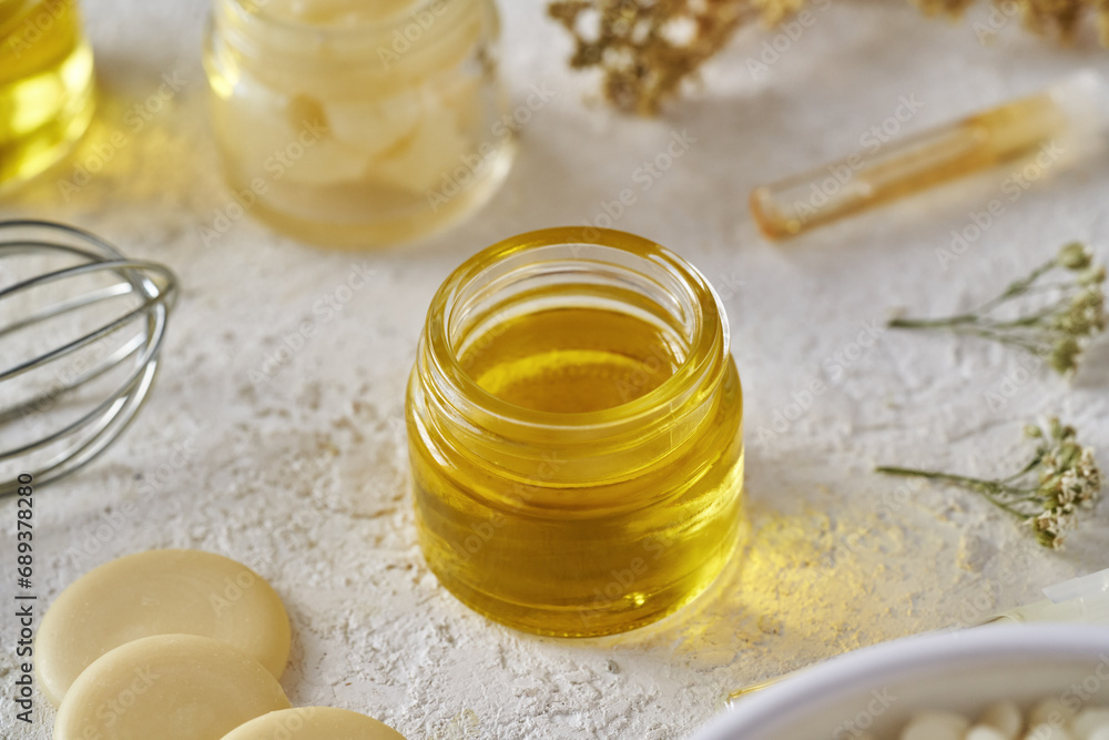Essential oil with shea butter, cocoa butter and other ingredients for homemade cosmetics Essential oil with shea butter, cocoa butter and other ingredients for homemade cosmetics