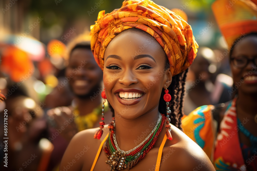 A lively street parade during a festival, celebrating the diverse cultural expressions across the African continent. Concept of communal jubilation. Generative Ai.