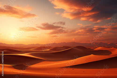 A serene sunset over the Sahara Desert, casting warm hues on the endless dunes and creating a tranquil desert landscape. Concept of tranquil desert evenings. Generative Ai. © Sebastian