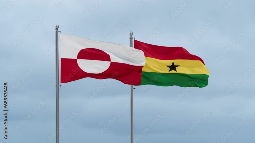 Ghana flag and Greenland flag waving together on cloudy sky, endless seamless loop, two country relations concept Ghana flag and Greenland flag waving together on cloudy sky, endless seamless loop, two country relations concept