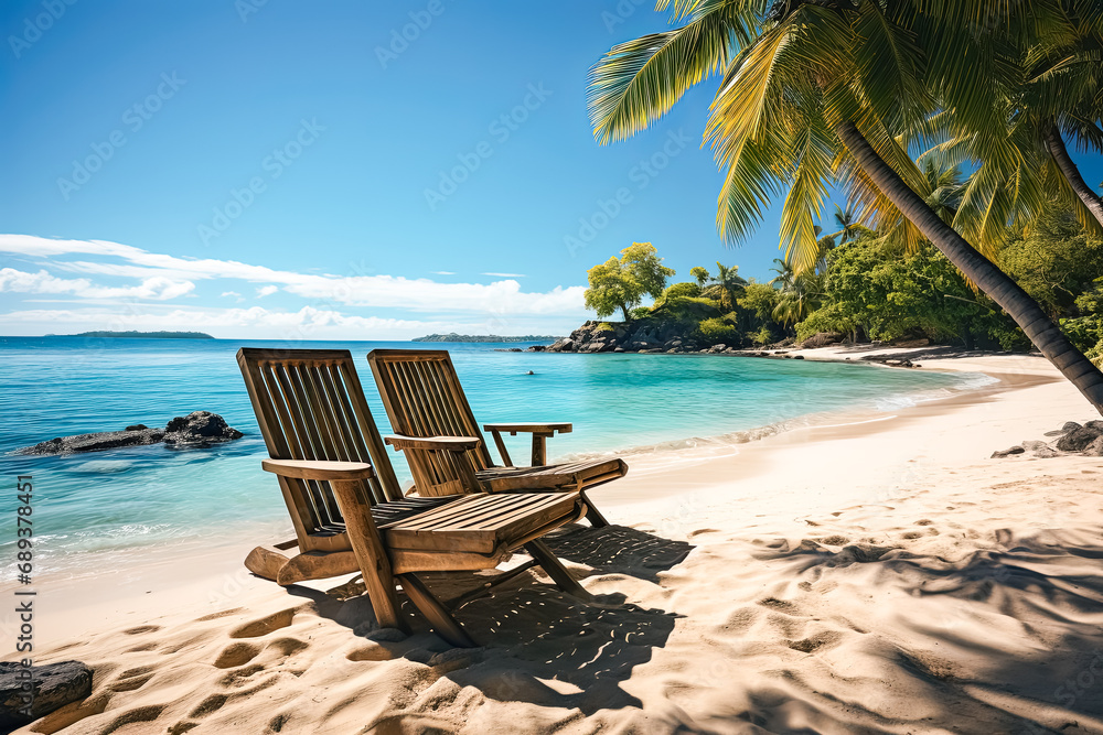 Tropical bliss, Stock photo capturing white sand, ocean, palm trees conjuring the essence of summer vacation in a serene and inviting paradise.