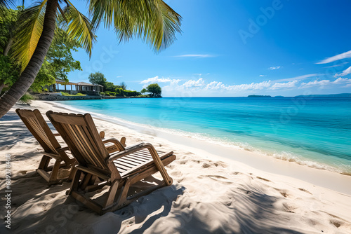 Tropical bliss, Stock photo capturing white sand, ocean, palm trees conjuring the essence of summer vacation in a serene and inviting paradise.