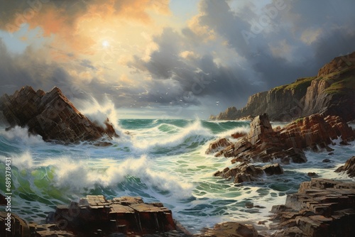 A rocky coastal scene with waves crashing against weathered cliffs, framed by a dramatic, cloud-filled sky © Creative artist1