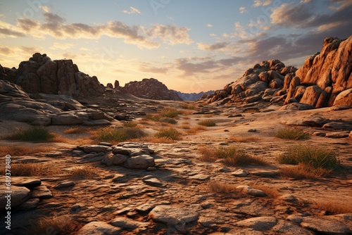 A rocky desert landscape at dusk, with the last light of day casting long shadows and highlighting the textured terrain