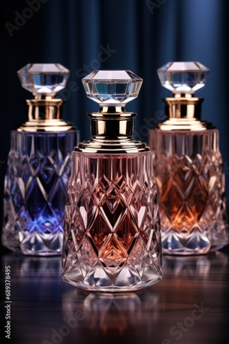 three bottles of liquid perfume are sitting on a black background © lublubachka