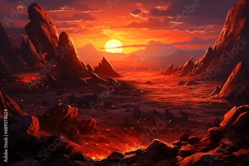 A rocky outcrop overlooking a vast expanse of desert, with the sun setting in a fiery display of oranges and reds