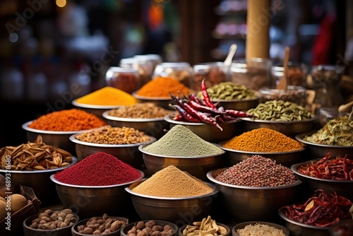 A bustling spice market with vibrant displays of aromatic spices, representing the rich culinary traditions across the continent. Concept of aromatic diversity. Generative Ai. © Sebastian