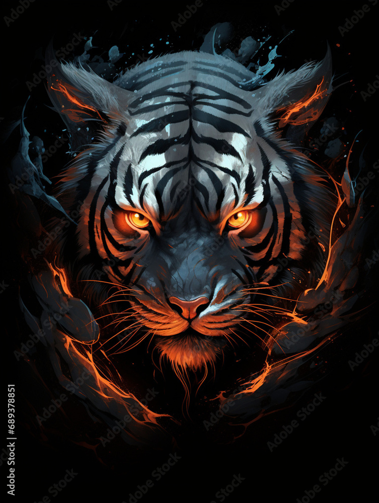 tiger looks angry with deep red eyes, in the style of dark silver and dark orange created with Generative Ai tiger looks angry with deep red eyes, in the style of dark silver and dark orange created with Generative Ai