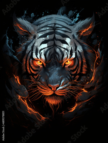 tiger looks angry with deep red eyes, in the style of dark silver and dark orange created with Generative Ai © Andrii Yablonskyi
